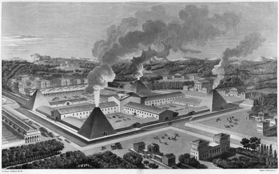 Perspektivische Ansicht einer Kanonenschmiede, graviert von Coquet et Bovinet